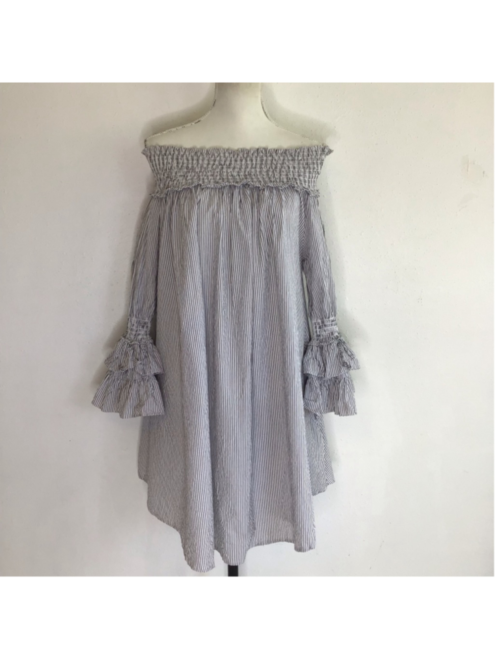 ASNA Women Elegant Slate Blue White Striped Off-Shoulder Ruffle Mini Dress M